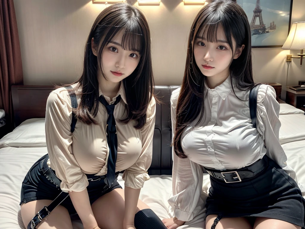 master piece, best quality, illustration, Super detailed, fine details, High resolution, 8K,wall paper, perfect dynamic composition,(Details High quality, realistic depiction of eyes:1.3),((2 girls)), (Fashionable, a belt black suspenders, Aside Cutter Shirt, a miniskirt, garterbelts), short bob hair, large breasts, black hair color, Big Natural Color Lip, (perfect body shape), Touching each other's bodies,Touching the body of the girl next door,crying a little、Harajuku style、20 year old girl、beautiful legs, hotel room, Gravure Idol, Voluptuous thighs, (woman on top, straddling, sitting)