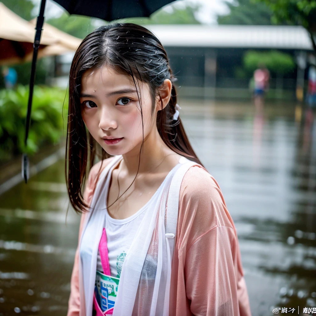 songkran,Wet roads , soaked through,drenched, Dripping, Wet Face,Wet clothes, Wet Skin, Wet Hair,A young woman with a cute face like an idol,chest,(chestの谷間),(chest元が見えるデザインの服),cling,RAW Photos,Genuine,Genuine,High resolution,RAW Photos,masterpiece, Genuineistic, beautiful