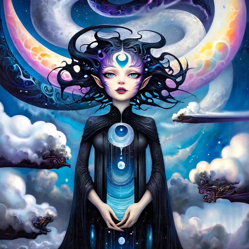 In a dark whimsical, colorful pop goth cartoon world, a kaleidoscope of flying objects swirls against surreal landscapes, inspired by the ethereal sounds of Midnight screaming. Gentle mews and epic nightmares converge as vibrant colors,shadows,and exaggerated shapes come alive. A surreal twisted realm unfolds, reminiscent of HP Lovcrafts mythology art style. Against a backdrop of swirling grey clouds and falling stars, iodine sky, photorealistic concept art by Rebeca Saray and karol Bak captures the magic of this world in motion. (art inspired in Beksinsky). oil painting) HD,hyperstylized,hyper detailed