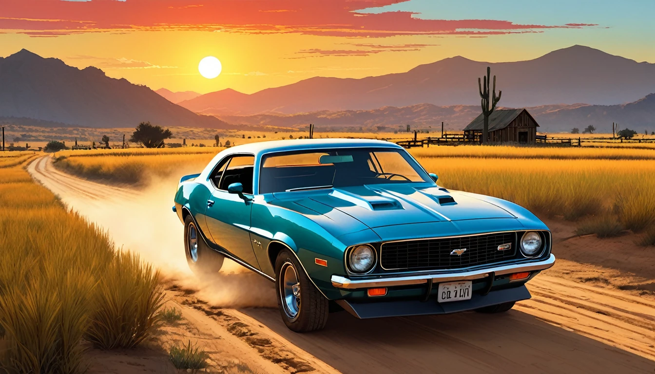 stylized digital 美術 featuring a vintage red Ford T parked by a dusty dirt road through a field during sunset. Blue car, warm orange sky, Yellow and red, with the sun setting on the horizon. （Draw a car from behind）,（The body color is shiny blue.）,Blue Chevrolet Camaro.1973 model.The fields are covered with tall grass swaying in the wind.（Paved road）（The size of the car is half of the total）The grass is painted in shades of green and brown., There are some bright spots, This may have been an 美術istic choice to emphasize the intensity of the scene.. The overall 美術 style is reminiscent of Cartoon art, Bold lines and a limited color palette enhance the dramatic effect of the scene..Red Dead Redemption&#39;s visual style, at sunset, Cartoon art, Then MArtin,  sunset!, Eddie Mendoza, sunset illustration sun, Featured Art, Digital colorful illustration, (masterpiece), Highest quality