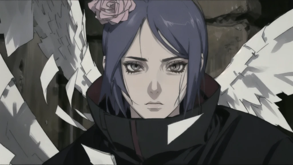 konan \(naruto\), solo, looking_at_viewer, 1girl, closed_mouth, paper wings, akatsuki outfit, paper jutsu, labret piercing, high quality eyes, close face
