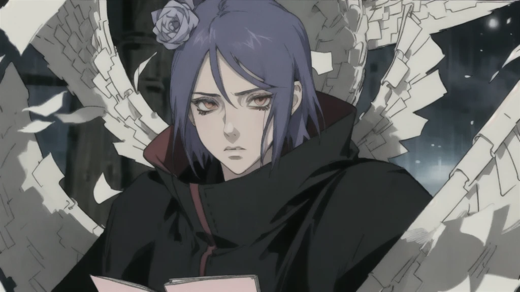 konan \(naruto\), solo, looking_at_viewer, 1girl, closed_mouth, paper wings, akatsuki outfit, paper jutsu, labret piercing, high quality eyes, close face