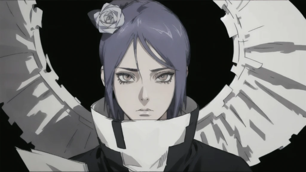 konan \(naruto\), solo, looking_at_viewer, 1girl, closed_mouth, paper wings, akatsuki outfit, paper jutsu, labret piercing, high quality eyes, close face