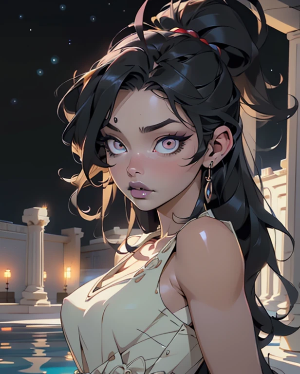 goth girl,(((1girl))),((extremely cute and beautiful black haired anime goth girl)),((())),
(large breasts:1.2),((((black wavy hair:1.35,absurdly long unkempt hair,messy hair,colored inner hair,ear breathing)))),((heterochromia:1.5, (purple_eye and red_eye))),intricate eyes,beautiful detailed eyes,symmetrical eyes,Big eyes:1.5,((fat)),(((lustrous skin:1.5,bright skin: 1.5,skin tanned,shiny skin,very shiny skin,shiny body,plastic glitter skin,exaggerated shiny skin,illuminated skin))),(spider lower abdomen,narrow waist,wide hip,athletic body,inflated legs,thick thighs,detailed body,(detailed face)),
cute,slutty,seductive,erotic,(nsfw),
revealing clothing,show skin,(((Black Eyeshadow,Thick Black Eyeliner,Long Dramatic Eyelashes,Black Lips,Goth Accessories,intricate makeup))),((purple bioluminescent dress)),
(dynamic pose:1.0),embarrassed,(centered,scale to fit dimensions,Rule of thirds),
((starry night background), nebula, aurora),((beautiful bath house made of greek marble and pillars, beautiful clear water in pool)),scenery:1.25,((intricate scenery)),((greek temple background)),
(Glossy greek ornaments),highres,sharp focus,(ultra detailed,extremely detailed),(photorealistic artwork:1.37),(extremely detailed CG unity 8k wallpaper),(((vibrant colors,vibrant theme))),(intricate),(masterpiece),(best quality),artistic photography,(photography taken by sldr),(intricate background),perfect rendered face,perfect face details,realistic face,photo realistic,((intricate detail)),(((realism))),