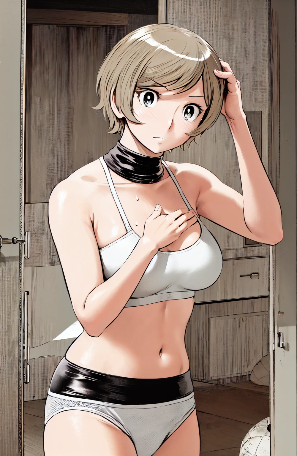 Sports Bra、panties、(masterpiece、Highest quality)、Highest quality, Ultra-high resolution, (((masterpiece))), alone, Sweat、Big eyes, Please show me your armpits, Composition from the front、(Short back hair、short hair、blonde、woman)、(Manga style:1.1)、Shortcuts、Embarrassed face、Cut your hair short、可愛いwomanの子、Big Breasts