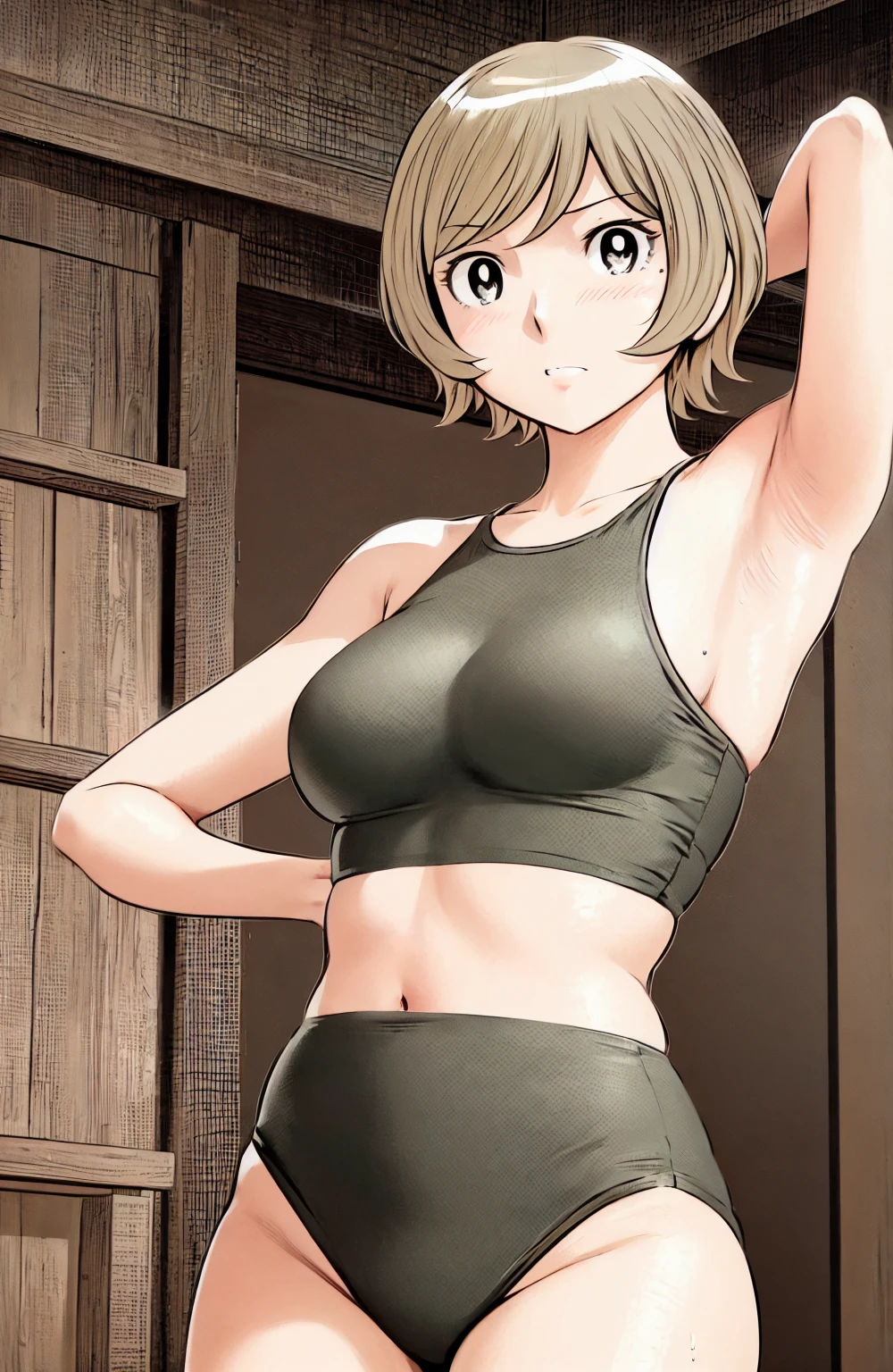 Sports Bra、panties、(masterpiece、Highest quality)、Highest quality, Ultra-high resolution, (((masterpiece))), alone, Sweat、Big eyes, Please show me your armpits, Composition from the front、（Short back hair、short hair、blonde、woman）、(Manga style:1.1)、Shortcuts、Embarrassed face、Cut your hair short、可愛いwomanの子、Big Breasts