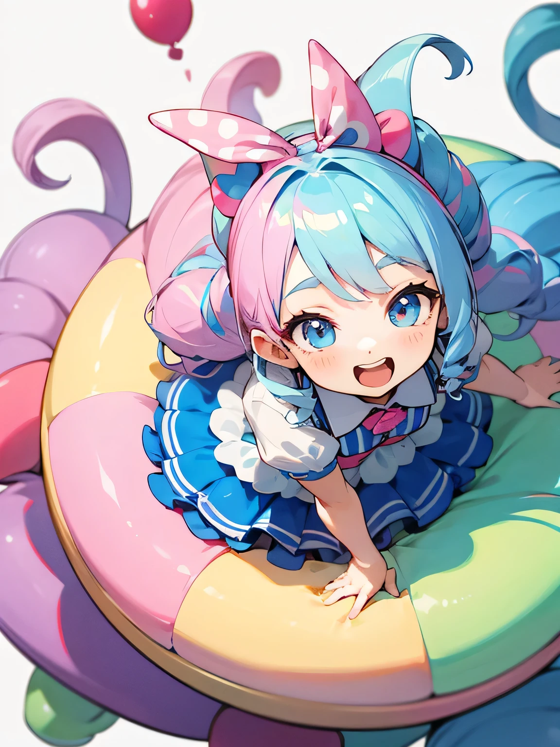 from above:1.3, solo, cream soda blue color hair, long twist hair, shiny eyes, cute idol costume, pastel color striped world, pastel pink, pastel blue, white, exciting amusement park,