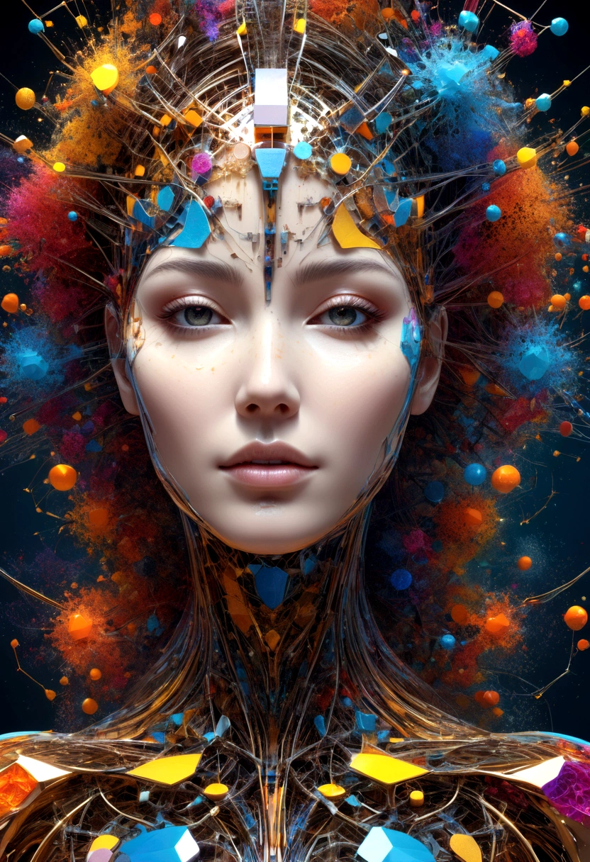 Beautiful female face, splatter, 3D cubic distribution of the body,  surreal cgi masterpiece, bright colors,  mechanical dispersion, decay of the biosphere, Highly detailed, , fractal art, , 16K, geometric concept art, sharp line