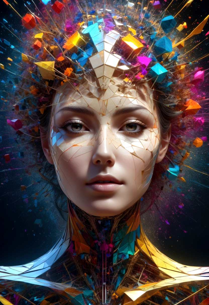 Beautiful female face, splatter, 3D cubic distribution of the body,  surreal cgi masterpiece, bright colors,  mechanical dispersion, decay of the biosphere, Highly detailed, , fractal art, , 16K, geometric concept art, sharp line