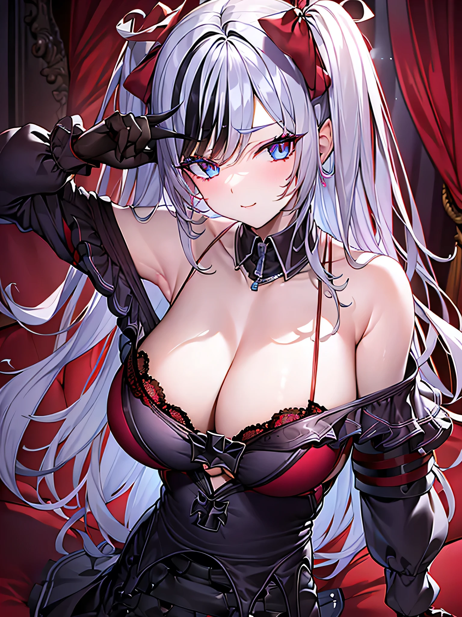 Elbe posing for a sexy photoshoot on a red couch. She's wearing blue lingerie. blue lingerie, red couch, sexy pose, photoshoot, seductive, erotic, ultra detailed, gorgeous eyes, detailed eyes, vibrant eyes, perfect anatomy, detailed shading, detailed line work,
