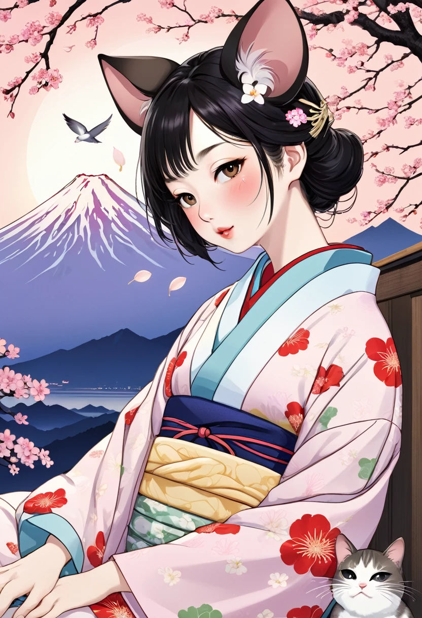 (utamaro style:1.2) , Hallucination, daydream , nightmare , Insane Dream , bokeh , erotica , romance , realistic mouse nymph and realistic cat , yukata , futon , Petals fluttering down , Single eyelids, round nose, swollen cheeks , glossy lips , Mount Fuji, Hawk, licking Eggplant , Collarbone