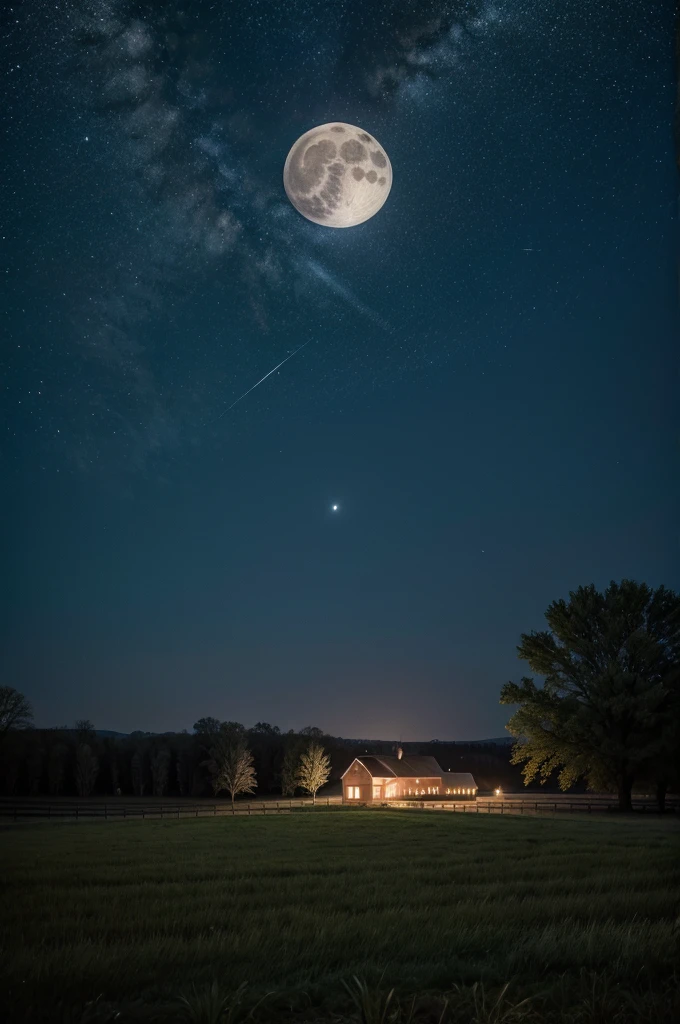 A starry night with a full moon on the farm