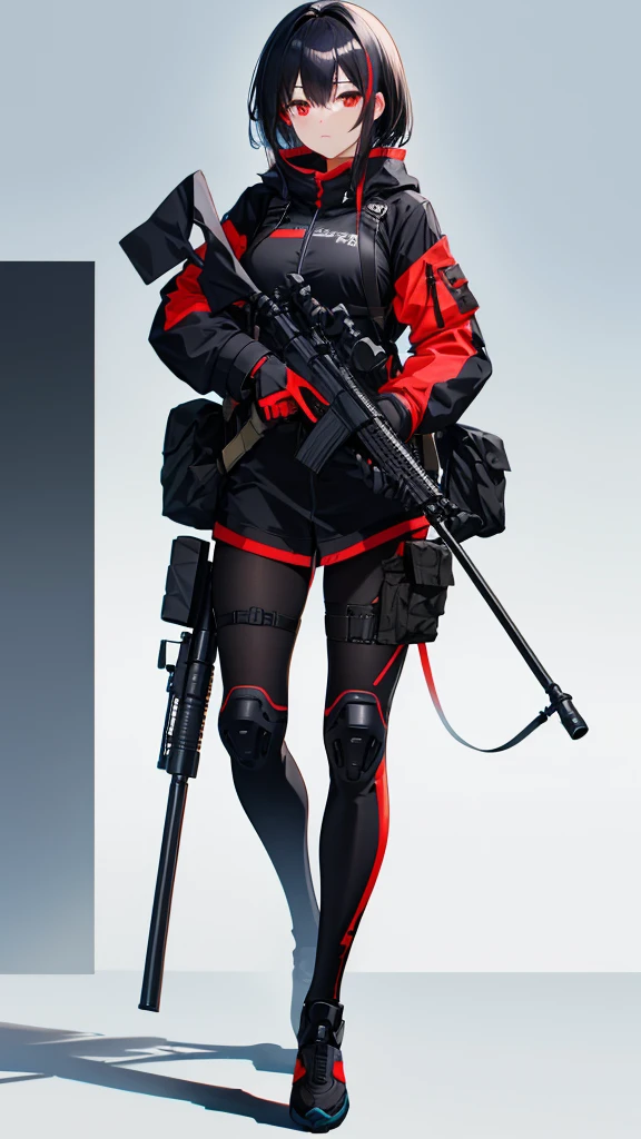 No background Girl holding a sniper rifle Medium Hair Black hair color Red eyes Full body view Anxious face