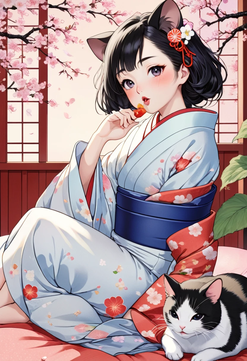 (utamaro style:1.2) , Hallucination, daydream , nightmare , Insane Dream , bokeh , erotica , romance , realistic mouse nymph and realistic cat , yukata , futon , Petals fluttering down , Single eyelids, round nose, swollen cheeks , glossy lips , Mount Fuji, Hawk, licking Eggplant , Collarbone