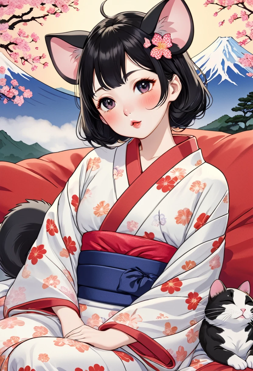 (utamaro style:1.2) , Hallucination, daydream , nightmare , Insane Dream , bokeh , erotica , romance , realistic mouse nymph and realistic cat , yukata , futon , Petals fluttering down , Single eyelids, round nose, swollen cheeks , glossy lips , Mount Fuji, Hawk, licking Eggplant , Collarbone