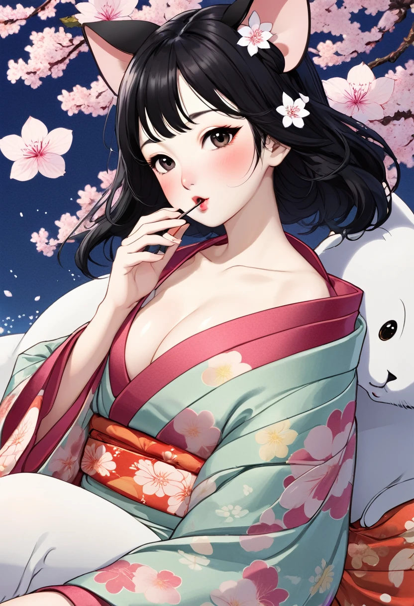 (utamaro style:1.2) , Hallucination, daydream , nightmare , Insane Dream , bokeh , erotica , romance , realistic mouse nymph and realistic cat , yukata , futon , Petals fluttering down , Single eyelids, round nose, swollen cheeks , glossy lips , Mount Fuji, Hawk, licking Eggplant , Collarbone