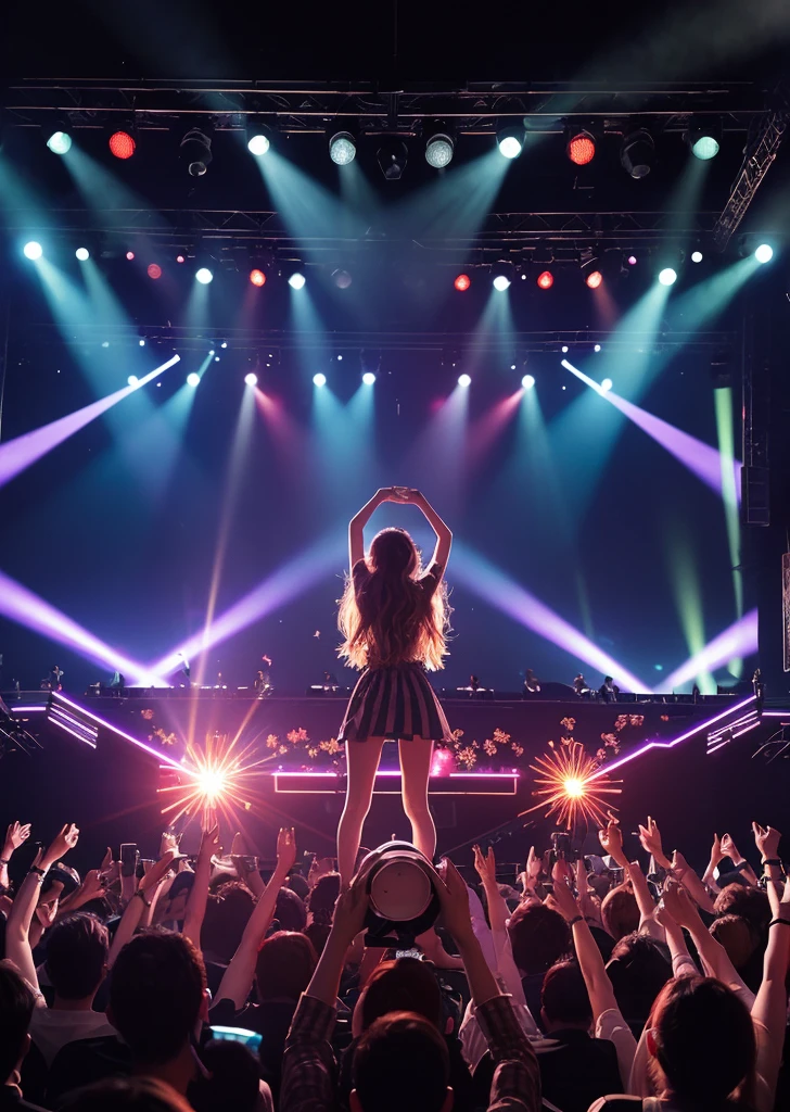 (vision:1.8),One girl, Japanese、concert,(audience:1.5), (アイドルstage:1.5),1 idol, Wearing a ruffled dress, (((microphone))),(在アイドルstage上唱歌:1.6), stage, (複雑なstageデザイン:1.3), (Mechanical stage elements:1.5), Dreamy atmosphere, Starry sky background, (Moon Background:1.5), Shining Light, Neon decoration, stageは煙で満たされている,Light focuses on people,Creates a mysterious and attractive atmosphere,Even more attractive against a shadow background,Laser shows and moving stage effects complement the pulsating neon lights,Create a lively performance atmosphere,stageの床は光り輝いている,The crowd went crazy,Warm atmosphere,目を引くstageデザイン,Packed with technology,World class production standards,Delivering a contemporary entertainment experience,The perfect combination of music and video,Demonstrate artistic expression and musical talent,魅力的なstageスタイルが人々Intoxicating,Highest quality,8K, High resolution,masterpiece,Photorealistic effects,((Scenery seen through a telescope))