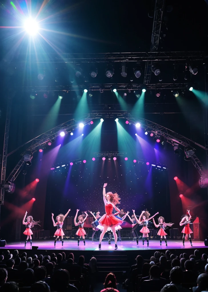 (vision:1.8)，One girl, Japanese、concert，(audience:1.5), (アイドルstage:1.5)，1 idol, Wearing a ruffled dress, (((microphone)))，(在アイドルstage上唱歌:1.6), stage, (複雑なstageデザイン:1.3), (Mechanical stage elements:1.5), Dreamy atmosphere, Starry sky background, (Moon Background:1.5), Shining Light, Neon decoration, stageは煙で満たされている，Light focuses on people，Creates a mysterious and attractive atmosphere，Even more attractive against a shadow background，Laser shows and moving stage effects complement the pulsating neon lights，Create a lively performance atmosphere，stageの床は光り輝いている，The crowd went crazy，Warm atmosphere，目を引くstageデザイン，Packed with technology，World class production standards，Delivering a contemporary entertainment experience，The perfect combination of music and video，Demonstrate artistic expression and musical talent，魅力的なstageスタイルが人々Intoxicating，Highest quality，8K, High resolution，masterpiece，Photorealistic effects，((Scenery seen through a telescope))