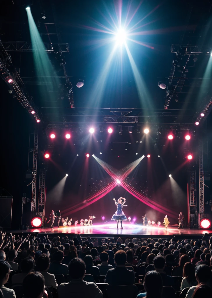 (vision:1.8),One girl, Japanese、concert,(audience:1.5), (アイドルstage:1.5),1 idol, Wearing a ruffled dress, (((microphone))),(在アイドルstage上唱歌:1.6), stage, (複雑なstageデザイン:1.3), (Mechanical stage elements:1.5), Dreamy atmosphere, Starry sky background, (Moon Background:1.5), Shining Light, Neon decoration, stageは煙で満たされている,Light focuses on people,Creates a mysterious and attractive atmosphere,Even more attractive against a shadow background,Laser shows and moving stage effects complement the pulsating neon lights,Create a lively performance atmosphere,stageの床は光り輝いている,The crowd went crazy,Warm atmosphere,目を引くstageデザイン,Packed with technology,World class production standards,Delivering a contemporary entertainment experience,The perfect combination of music and video,Demonstrate artistic expression and musical talent,魅力的なstageスタイルが人々Intoxicating,Highest quality,8K, High resolution,masterpiece,Photorealistic effects,((Scenery seen through a telescope))