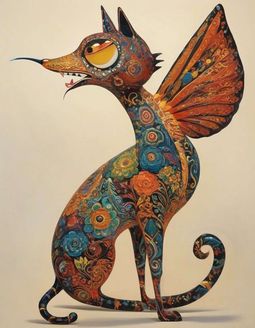 fantastic animals, mexican alebrijes, insect mix, flying birds and cats, all with an unreal style very typical of Tim Burton.