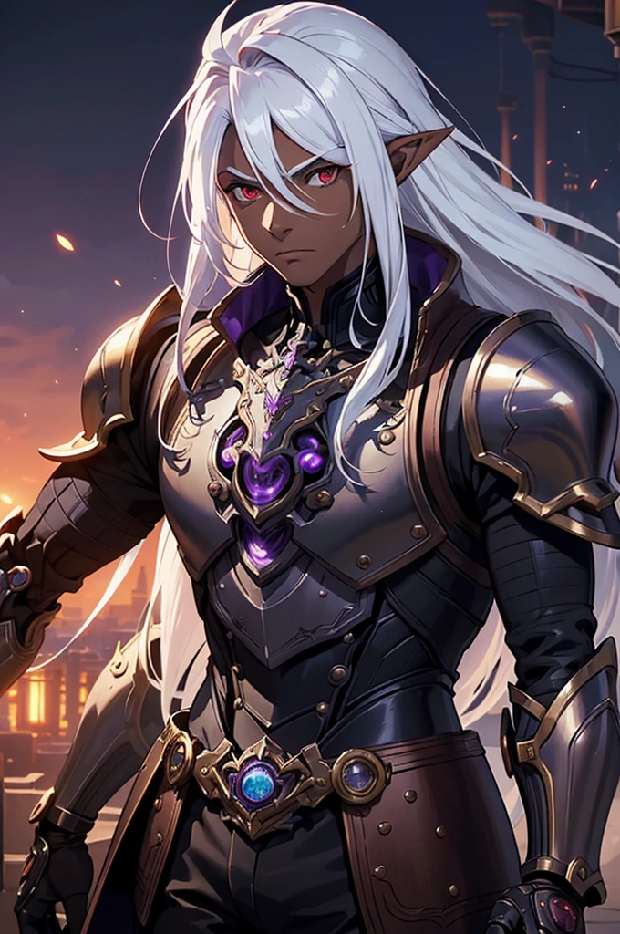 ((best quality)), ((masterpiece)), (detailed), ((boy)), ((mechanical armor)), (steampunk), (serious), dark skinned, human, upper body, portrait, red eyes, long white hair, Xemnas from Kingdom Hearts, half-drow, pointy ears, serious face, dramatic lighting, purple hue, art by Kinema Citrus
