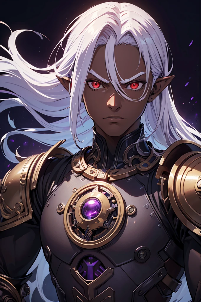 ((best quality)), ((masterpiece)), (detailed), ((boy)), ((mechanical armor)), (steampunk), (serious), dark skinned, human, upper body, portrait, red eyes, long white hair, Xemnas from Kingdom Hearts, half-drow, pointy ears, serious face, dramatic lighting, purple hue, art by Kinema Citrus