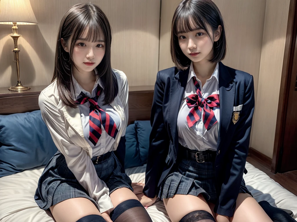 (8K, Raw photography, top-quality, ​masterpiece:1.2), master piece, best quality, illustration, Super detailed, fine details, High resolution, 8K,wall paper, perfect dynamic composition,(Details High quality, realistic depiction of eyes:1.3), ((2 girls, 2 girls)), The background is a luxury hotel room、High school girl uniform、blazer 、Super Short Check Uniform Skirt、Navy blue high socks、garterbelts、Colossal tits、Disturbed uniform, Play with each other,Touching each other's bodies,Touching the body of the girl next door, short bob hair, black hair color, huge breasts, Big Natural Color Lip, bold sexy pose, (perfect body shape), crying a little、cold gaze,  Beautiful makeup,glitter makeup,Cutest 18 years old, beautiful legs, hposing Gravure Idol, Voluptuous thighs