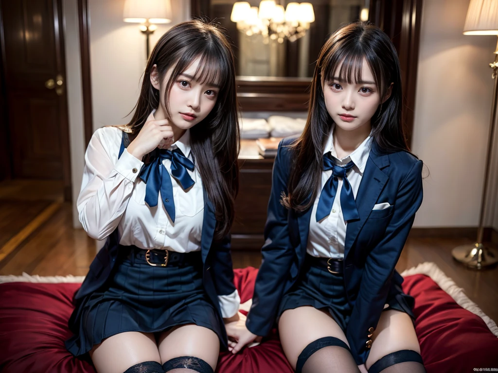 (8K, Raw photography, top-quality, masterpiece:1.2), master piece, best quality, illustration, Super detailed, fine details, High resolution, 8K,wall paper, perfect dynamic composition,(Details High quality, realistic depiction of eyes:1.3), ((2 girls, 2 schoolgirls)), The background is a luxury hotel room、High school girl uniform、blazer 、Super Short Check Uniform Skirt、Navy blue high socks、garterbelts、Colossal tits、Disturbed uniform, Play with each other,Touching each other's bodies,Touching the body of the girl next door, short bob hair, black hair color, huge breasts, Big Natural Color Lip, bold sexy pose, (perfect body shape), crying a little、cold gaze, Beautiful makeup,glitter makeup,Cutest 18 years old, beautiful legs, hposing Gravure Idol, Voluptuous thighs