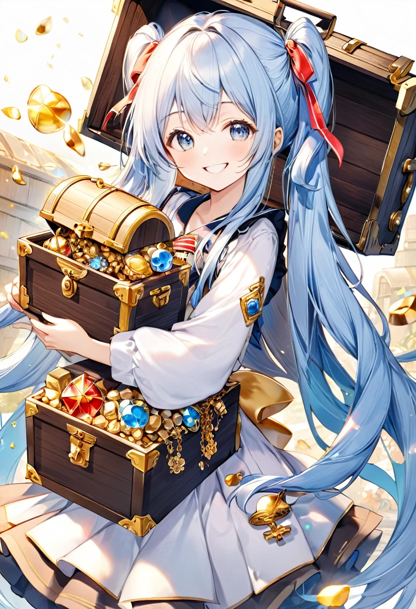 Light blue long hair、Twin-tailed Girl、holding a big key、Bright smile、Treasure Chest