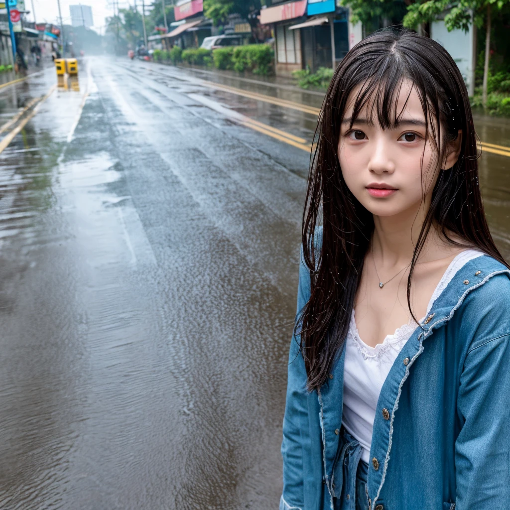 songkran,Wet roads , soaked through,drenched, Dripping, Wet Face,Wet clothes, Wet Skin, Wet Hair,A young woman with a cute face like an idol,chest,(chestの谷間),(chest元が見えるデザインの服),cling,RAW Photos,Genuine,Genuine,High resolution,RAW Photos,masterpiece, Genuineistic, beautiful