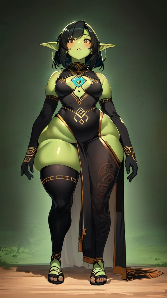 1 girl, small, goblin girl, female goblin, goblin, (green skin), ((large ears)), full body, (((short black hair))), ((small chest)), ((wide hips, thick thighlat )), Mature looking, ((full body))), by front, hands on hips, ((((tribal clothes))))