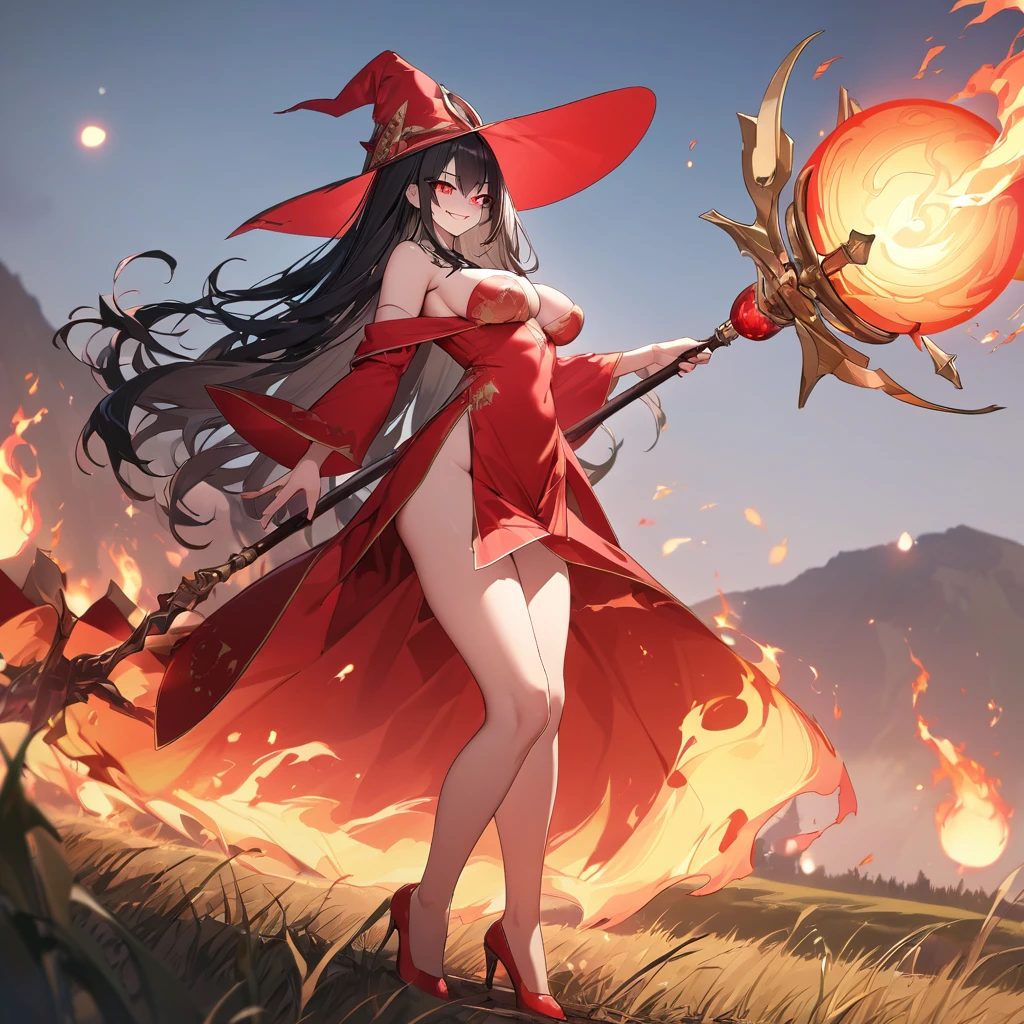 A woman wearing a traditional red witch's robe with gold details, large breasts, red heels, traditional red witch's hat with gold details, holding a staff with a yellow crystal with fire, black hair, long hair, hair down to her legs, in standing, posture, exposed shoulders, mature body, evil smile, in battle stance casting fire magic, with fire sphere in an open field, sadistic smile, smiling, red eyes, perfect face, UHD, prime work, accurate, anatomically correct, textured skin, super details, high quality, best quality, 8k, high resolution, bokeh effect. (woman alone)
