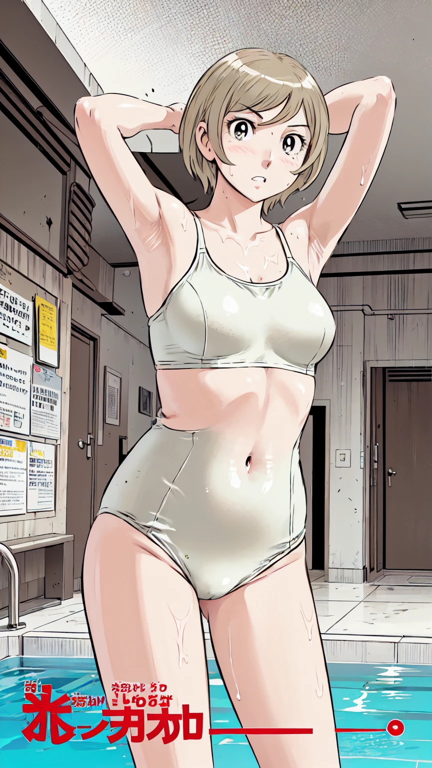 Blonde, (short hair:1.2)、((Illustration of a person))、Big Breasts、
View your viewers,, (Highest quality:1.3),blue eye star piece、Highest quality)、Highest quality, Ultra-high resolution, (((masterpiece))), alone, Sweat、Big eyes、Big Breasts、One Girl, Front view、Embarrassed face、Bronze colored hair、((short hair))、One Girl, alone, blush, Big Breasts,
Bare arms, Wet, Pool, 青いSchool Swimsuit, Thighs, Place your arms at your sides, Bare arms, Cowboy Shot, Are standing, School Swimsuit,bite、High Leg、mansuji