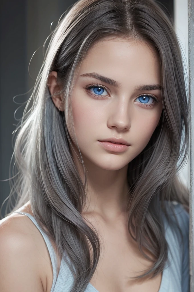 de 16 anos,cabelos negros cacheados,light blue eyes and gray eyes,white,serious gentle face