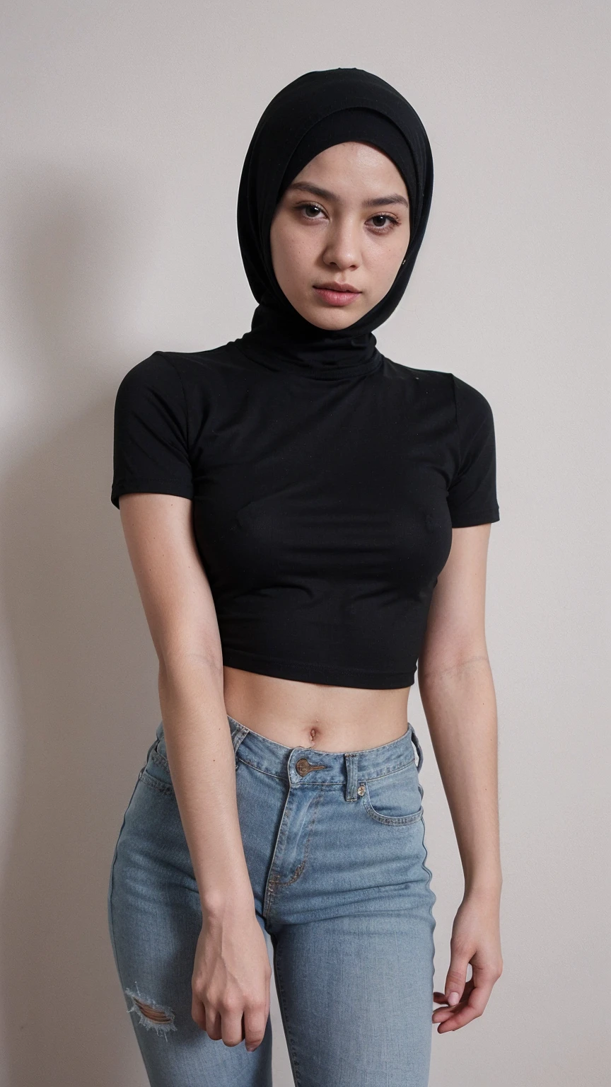 A loli wearing a hijab, Wear tight T-shirt and wear jeans rockstar, blank background 