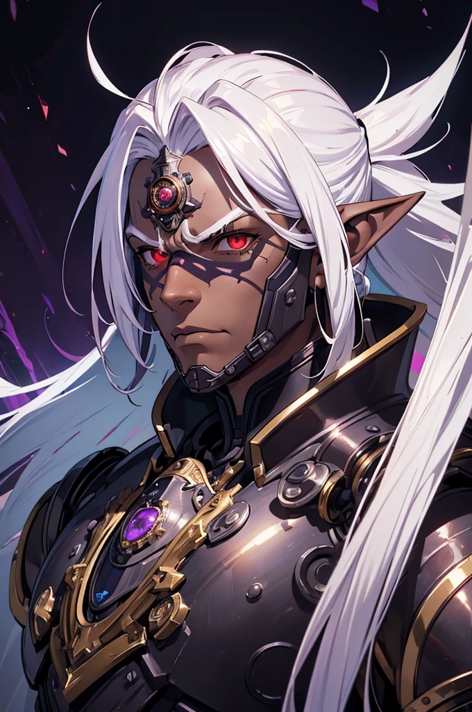 ((best quality)), ((masterpiece)), (detailed), ((boy)), ((mechanical armor)), (steampunk), (serious), dark skinned, human, upper body, portrait, red eyes, long white hair, Xemnas from Kingdom Hearts, half-drow, pointy ears, serious face, dramatic lighting, purple hue, art by Kinema Citrus
