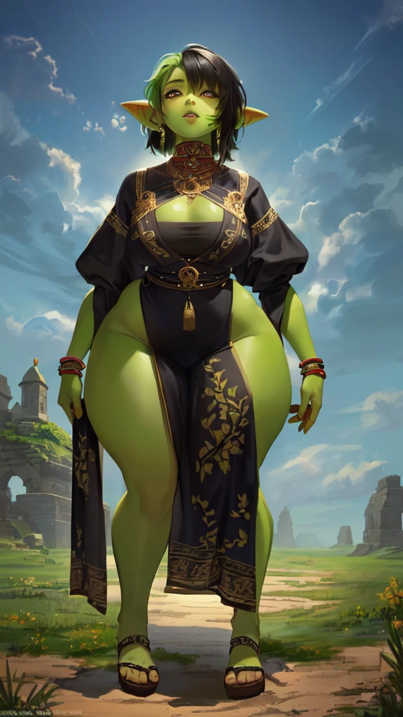 1 girl, small, goblin girl, female goblin, goblin, (green skin), ((large ears)), full body, (((short black hair))), ((small chest)), ((wide hips, thick thighlat )), Mature looking, ((full body))), by front, hands on hips, ((((tribal clothes))))