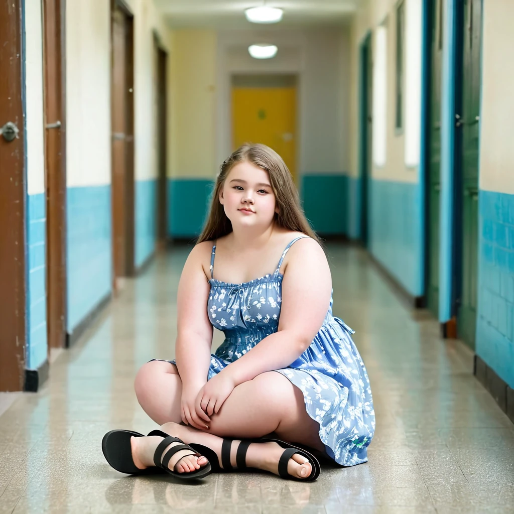 Chubby charming pale polish teen girl wearing sundress and simple black flip flops sits on the floor of school corridor