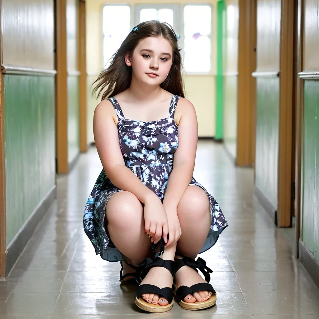 Chubby charming pale polish teen girl wearing sundress and simple black flip flops sits on the floor of school corridor 