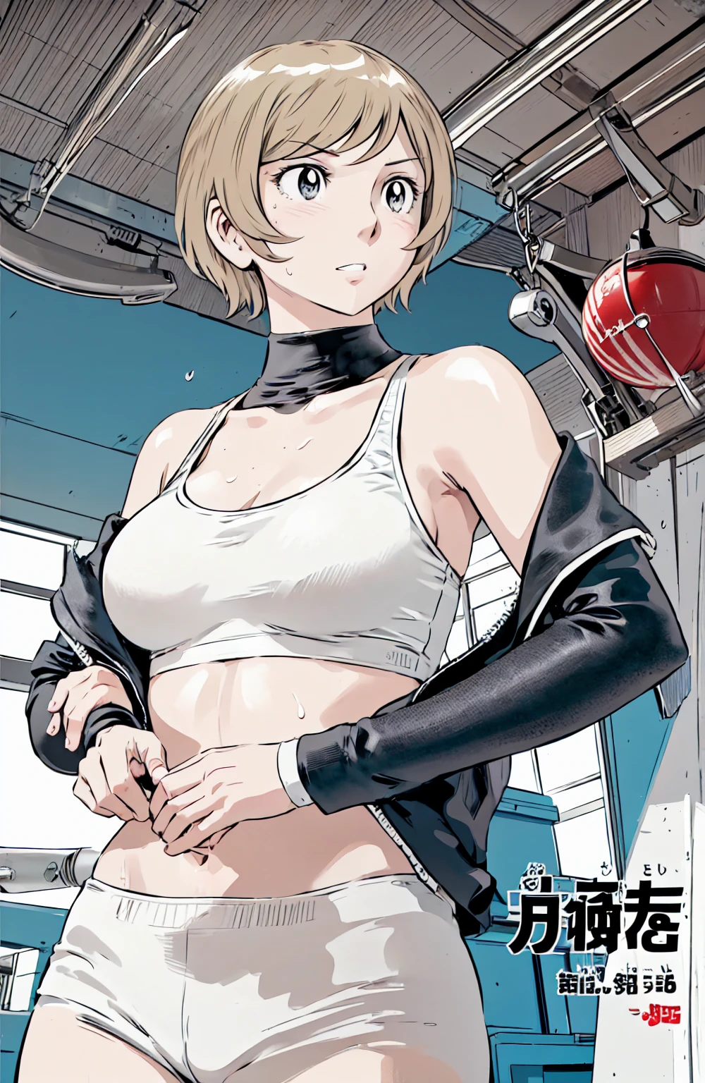 Sports Bra、pantieasterpiece、Highest quality)、Highest quality, Ultra-high resolution, (((masterpiece))), alone, Sweat、Big eyes, Please show me your armpits, Composition from the front、(Short back hair、short hair、blonde、woman)、(Manga style:1.1)、Shortcuts、Embarrassed face、Cut your hair short、可愛いwomanの子、Big Breasts