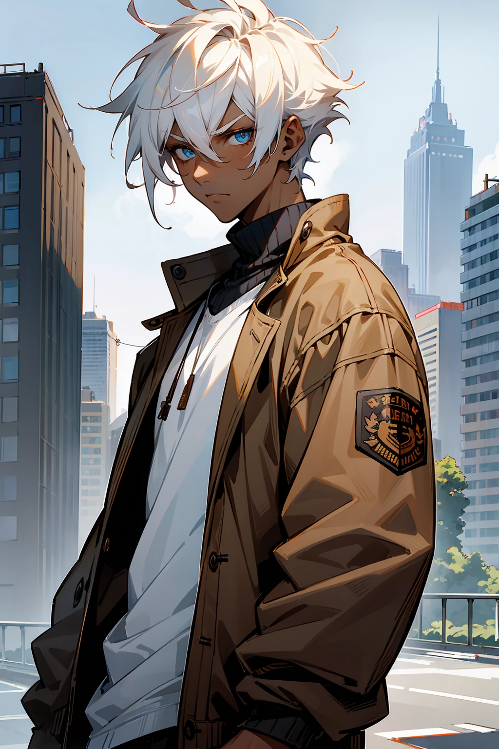 1male , Dark Skin , White Hair , Undercut Hair , Messy Hair , Brown Letterman Jacket ,  Modern City Background , Pale Blue Eyes , Serious Expression , Perfect Generation , Adult Male , Modern Street Clothing 