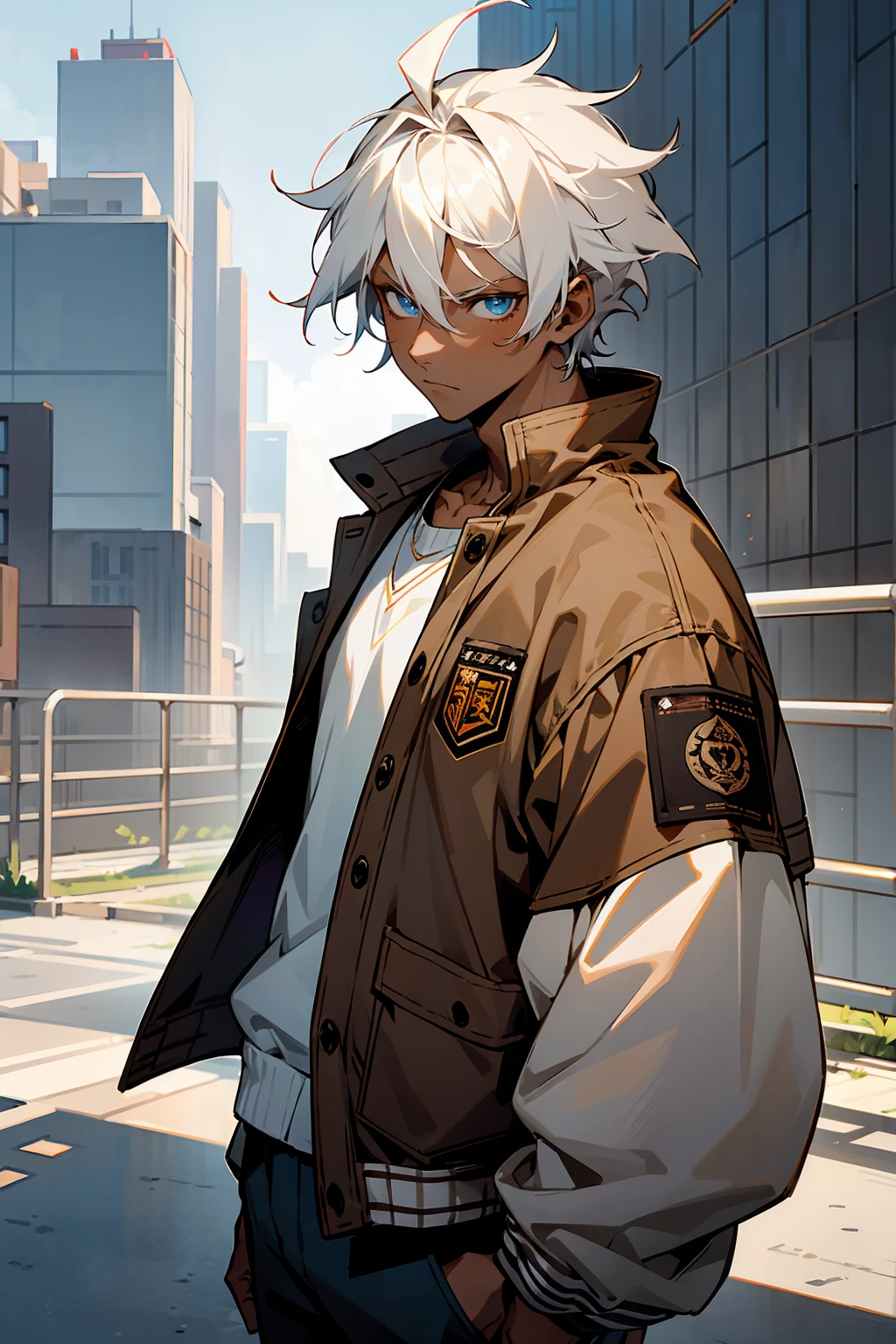 1male , Dark Skin , White Hair , Undercut Hair , Messy Hair , Brown Letterman Jacket ,  Modern City Background , Pale Blue Eyes , Serious Expression , Perfect Generation , Adult Male , Modern Street Clothing 