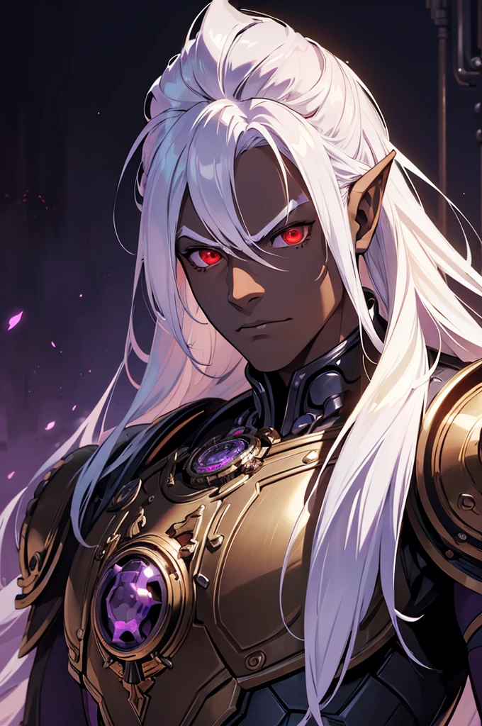 ((best quality)), ((masterpiece)), (detailed), ((boy)), ((mechanical armor)), (steampunk), (serious), dark skinned, human, upper body, portrait, red eyes, long white hair, Xemnas from Kingdom Hearts, half-drow, pointy ears, serious face, dramatic lighting, purple hue, art by Kinema Citrus
