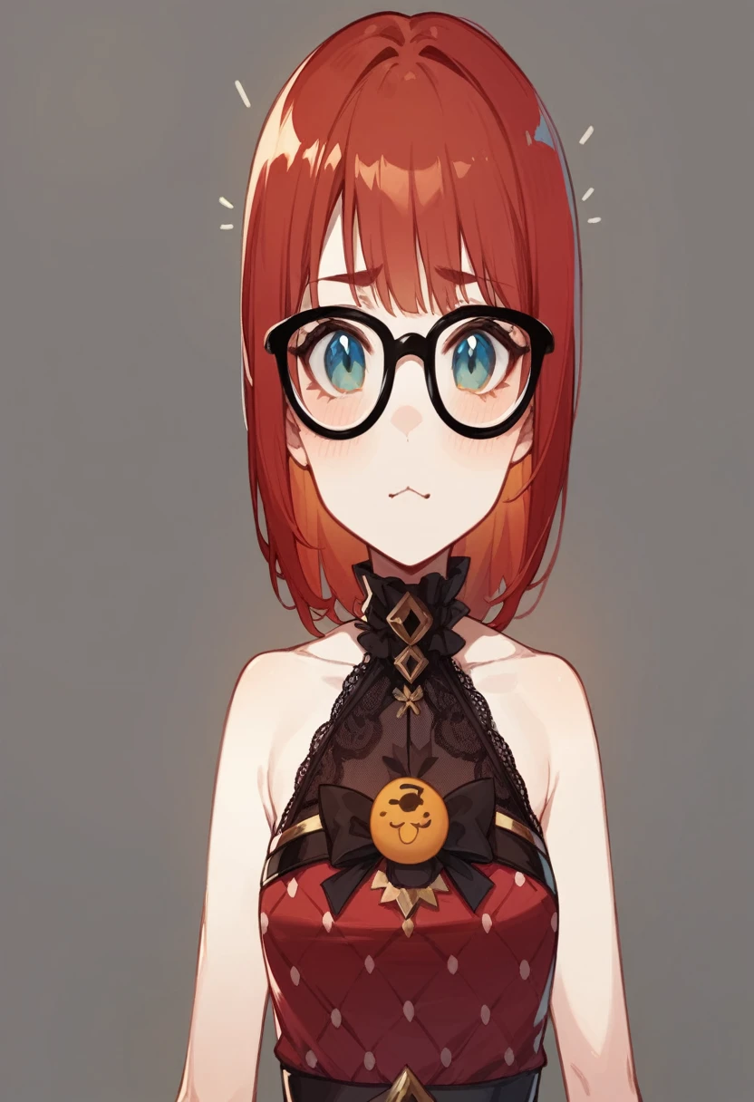 score_9, score_8_up, score_7_up, high quality, award-winning, drop shadow, motion lines, reflection light, glowing light, depth of field, cinematic lighting, 8k, textured skin, best quality, masterpiece, highres, 1girl, high detail, torn clothes, athletic female, black glasses, choker, (round glasses:1.2), (abs, solo, freckles, athletic body, athletic:1.1), small, young, (nsfw, hentai, porn, functionally nude, functionally naked, visible pussy, visible nipples:2.0), shiny skin, shiny, chain, bdsm, solo, solo focus, boots, presenting, posing, sexy pose, nerdy, nerd, May, arknights, may_(arknights), may_\(arknights\), (question mark, hypnotized, hypno, confused, confusion:2.0), Expressiveh, A gray vest over a white shirt, Teal-colored booty shorts with white edges, A yellow-brown belt with pouches and pockets, A golden tan jacket tied around their waist, Teal-colored gloves, A pink-colored pistol, pink hair, Two braided pigtails, secured with red hair ties, and falling to the front, over their shoulders, Long bangs framing their face, Additional hair strands going in different directions, A small ponytail sticking up at the top, tied with a red hair tie, A penguin hat or headpiece, Red glasses, giving off a nerdy and playful vibe