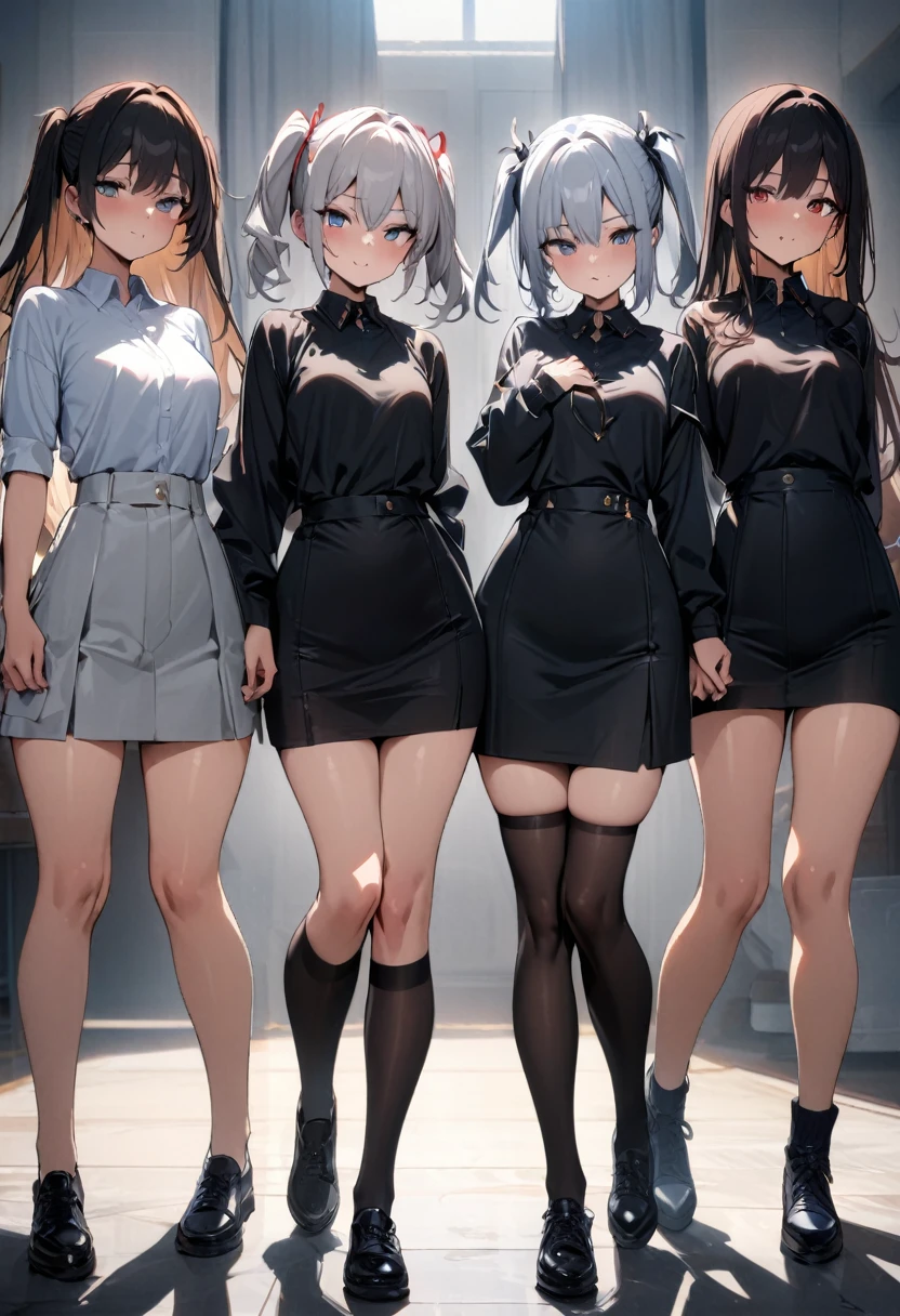 ((((3 girls)))), absurdres, RAW photo, extremely delicate and beautiful, masterpiece, Best Quality, ultra high resolution, 32k, hyperrealistic, ultra-detailed, detailed description, perfect figure, perfect shape, perfect anatomy, pale skin, 20 years old, detailed beautiful face and eyes, tearful mole, earring, short medium hair, wavy hair, big tits, golf uniform, polo shirt, shorts,