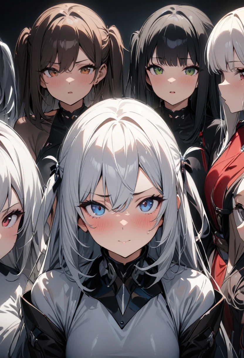 lineup,Multiple Girls,straight-on,tow side up,masterpiece, best quality, very aesthetic, absurdres,black,red,White,silver,masterpiece, best quality, very aesthetic, absurdres