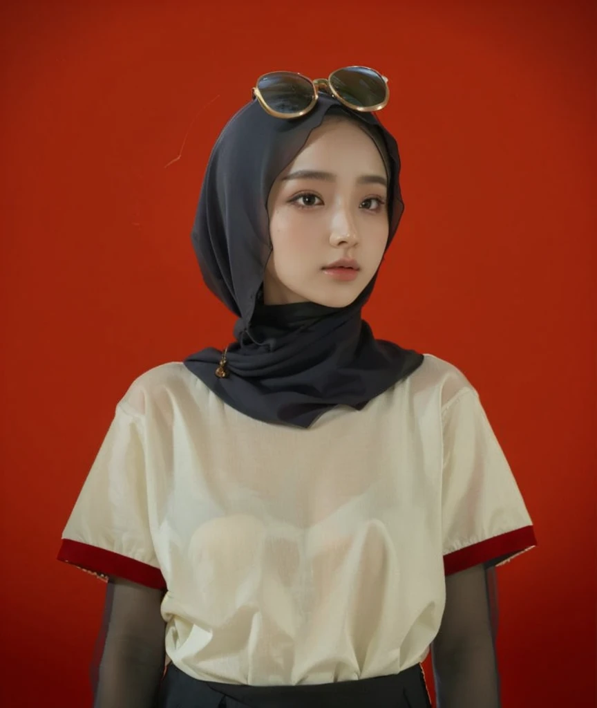 (Best quality, 8k, 32k, Masterpiece, UHD:1.2),Photo of Pretty Japanese hijab woman, large breasts, transparent shirt girl ,face focus,oversized_sweater, necklace, background, from above, looking at viewer, lingering, fetish hijab, hijab star