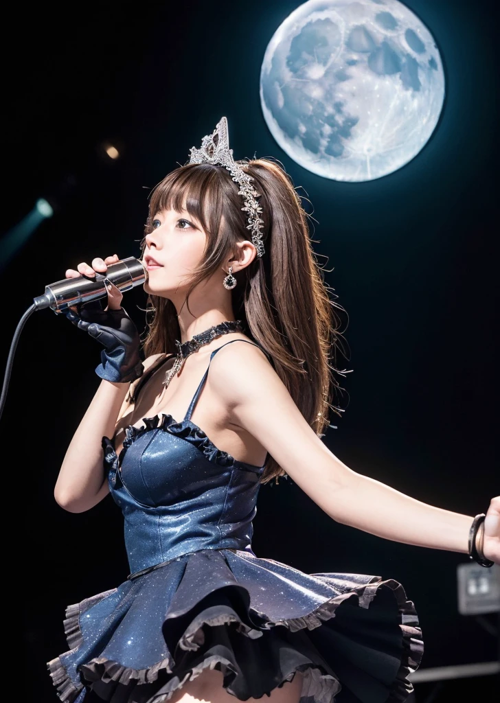 profile、Turned around、Butt,Flat Chest、(Slim body)、((Slim body))、Long Hair,Straight Bangs,Embarrassing,masterpiece,diamond、Earrings,background of fantasy,(((Brown Hair)))、 hair ornaments,Headband,Brown Hair, ((Blue Dress, Frillsのドレス)), Ruffled gloves, Frills, gloves, Cleavage, Idol, Idol clothes, jewelry, ribbon, Nude, looking at viewer,Indoor break,(vision:1.8),One girl, concert,(audience:1.5), (Idolステージ:1.5),1人のIdol, Frillsドレスを着て, (((microphone))),(在Idolステージ上唱歌:1.6), Futuristic stage, (complex stage design:1.3), (Mechanical stage elements:1.5), Dreamy atmosphere, Starry sky background, (Moon Background:1.5), Shining Light, Neon decoration, The stage is filled with smoke,Light focuses on people,Creates a mysterious and attractive atmosphere,Even more attractive against a shadow background,Laser shows and moving stage effects complement the pulsating neon lights,Create a lively performance atmosphere,The stage floor is shining,The crowd went crazy,Warm atmosphere,Eye-catching stage design,Packed with technology,World class production standards,Delivering a contemporary entertainment experience,The perfect combination of music and video,Demonstrate artistic expression and musical talent,Her attractive stage style is々Intoxicating,Highest quality,8K, High resolution,masterpiece,Photorealistic effects,((Scenery seen through a telescope))