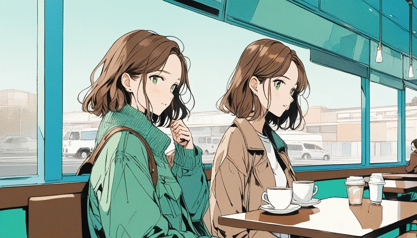 Illustrator, anime , Realistic ,sketch , 1 Girl, lip, ,order, cafe,Blue gradient background, Brown Hair,Textured Trim, Canadian, (masterpiece,Highest quality) Cancer,Nostalgic Memories, background, スナップチャットのphotograph, wide greenways, Taken with iPhone, Long Shot,