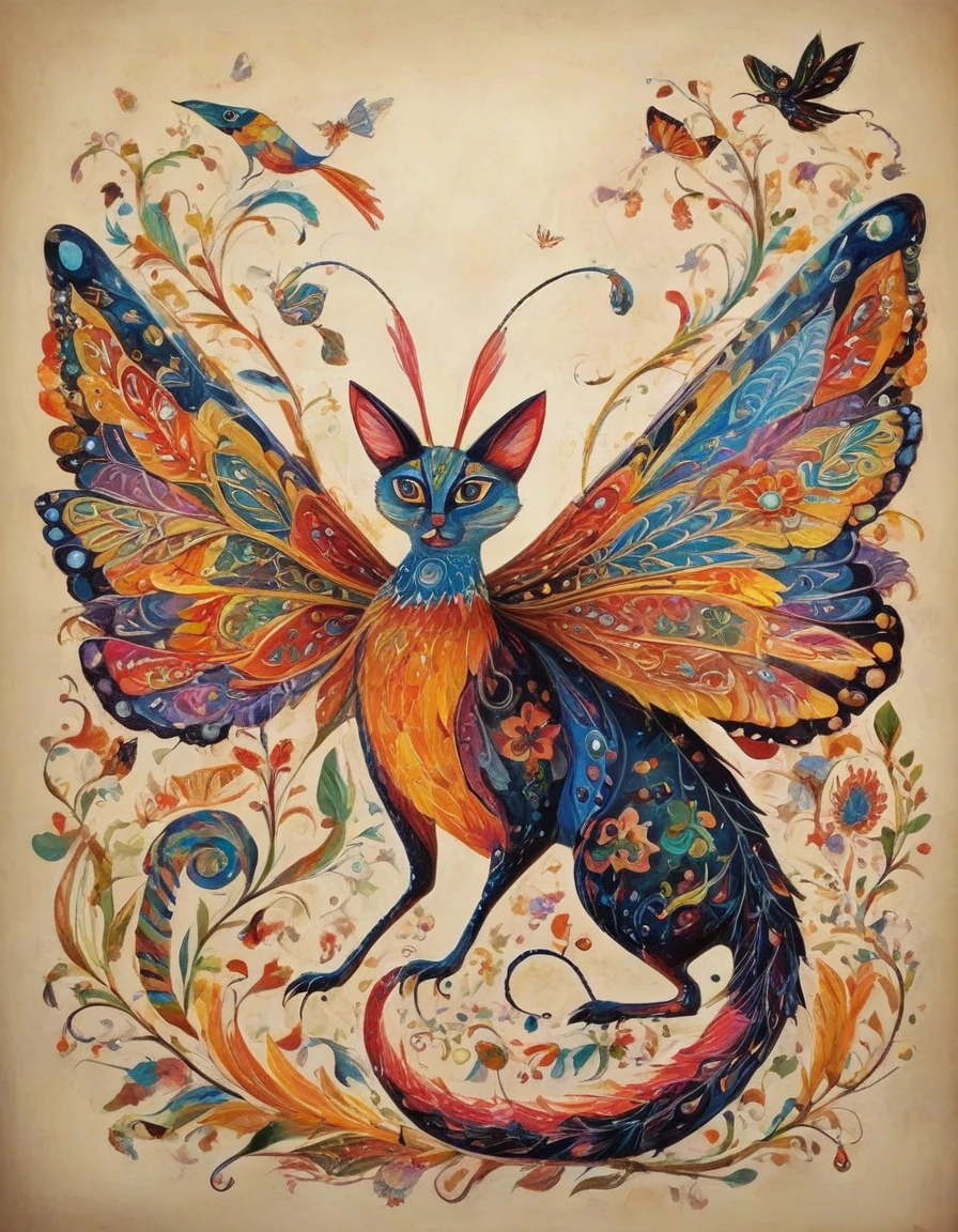 fantastic animals, mexican alebrijes, insect mix, flying birds and cats, all with an unreal style very typical of Tim Burton.